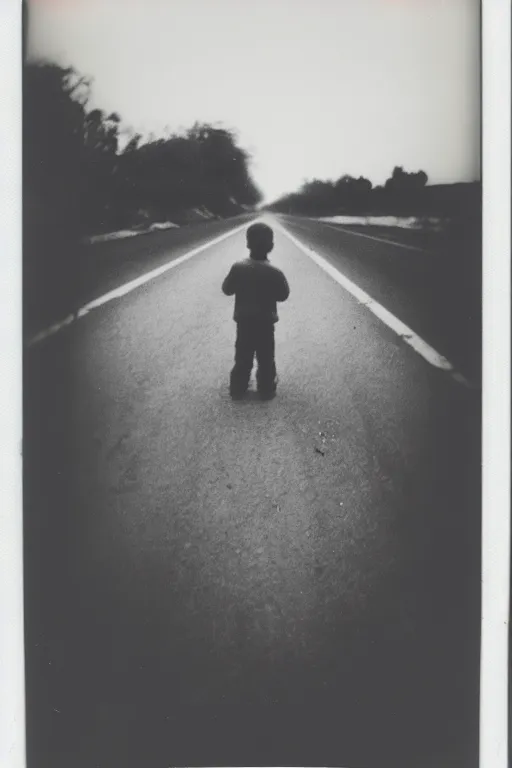 Image similar to photo polaroid of a sad and lonely child in the middle of a road destroyed by bombs ,war, has a gun in his hand, loneliness,, black and white ,photorealistic, 35mm film,