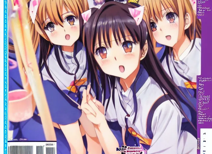 Image similar to ;Weekly Shonen Jump Issue 14, cover, 2000 clannad shuffle toheart event'anime illustration japanese very very beautiful cute girls doing cute things trending on artstation pixiv makoto shinkai smiling super detailed eyes eyebrowless symmetry face visual novel hairpin star