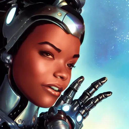 Image similar to high detailed close up of, energetic female cyborg Disney princess Tiana, wearing futuristic cybernetic battle armor, balance composition, dramatic lighting, 8k, painted by Alex Ross