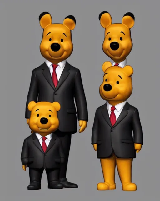 Prompt: full body 3d render of xi jinping as winnie-the-pooh wearing a suit as a funko pop, studio lighting, white background, blender, trending on artstation, 8k, highly detailed