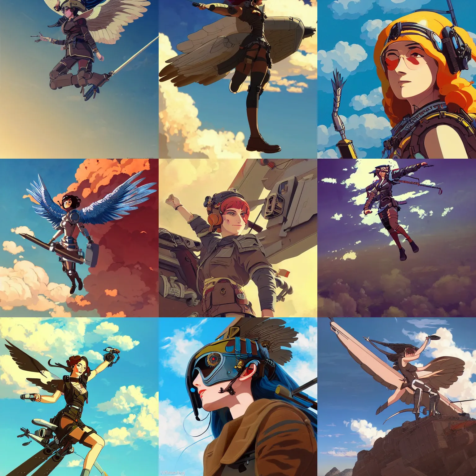 Prompt: portrait of a dieselpunk valkyrie taking flight into a vivid sky, highly detailed, cel shading, digital painting, studio ghibli key visual, in the style of ilya kuvshinov