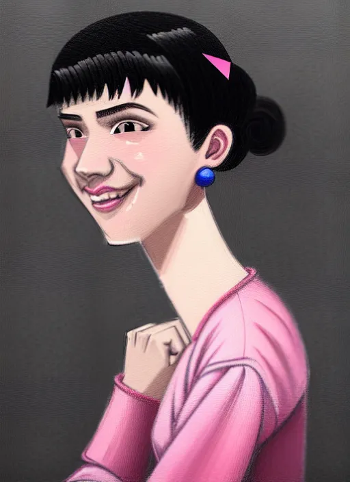 Image similar to portrait of teenage girl, realistic, black hair, bangs, half updo hairstyle, pointy nose, skinny, smile, ugly, defined jawline, big chin, pink hair bow, earrings, intricate, elegant, glowing lights, highly detailed, digital painting, artstation, sharp focus, illustration, art by wlop, mars ravelo and greg rutkowski