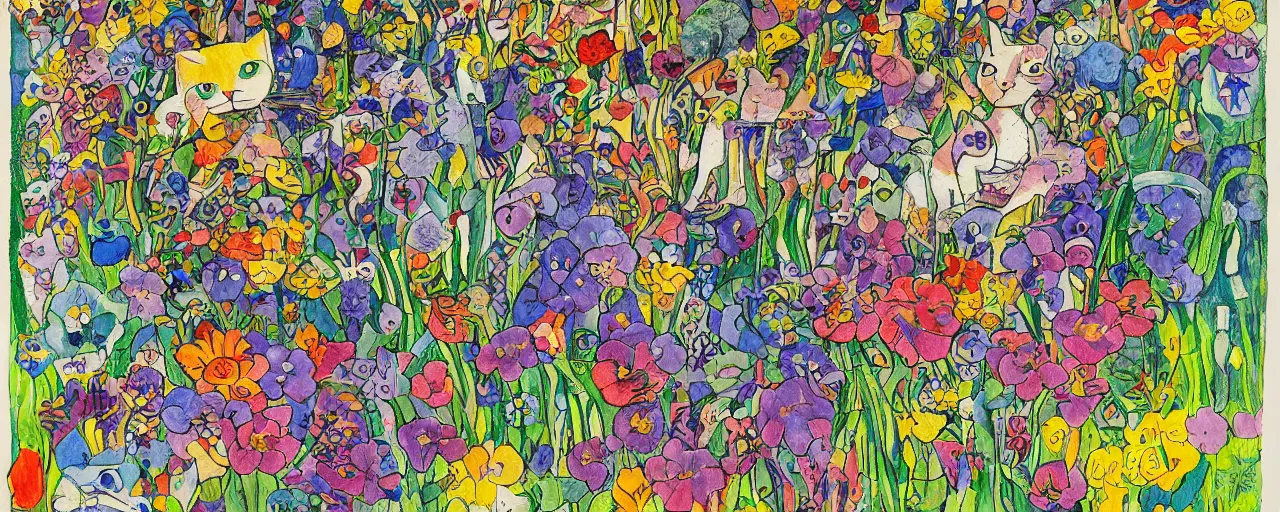 Image similar to cat playing in a garden of flowers, a mix media painting by laurel burch and Leonardo da Vinci and Natalia Goncharova, cluttered , child's drawing, art by Studio Ghibli, anime, thick black lineart