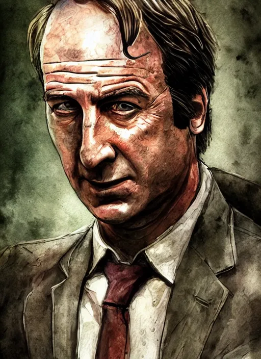 Image similar to portrait, Saul Goodman in the Last of Us universe, Bob Odenkirk, post apocalypse, Breaking Bad, watercolor, dramatic lighting, cinematic, establishing shot, extremely high detail, foto realistic, cinematic lighting, pen and ink, intricate line drawings, by Yoshitaka Amano, Ruan Jia, Kentaro Miura, Artgerm, post processed, concept art, artstation, matte painting, style by eddie mendoza, raphael lacoste, alex ross