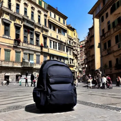 Image similar to backpack full of books gigant in the city of genoa. enormous backpack. cinematic. realistic.