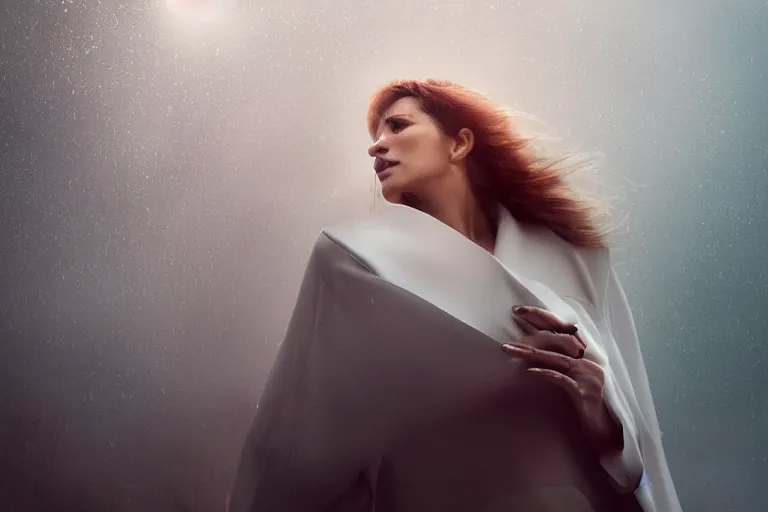 Image similar to a cinematic headshot portrait of a beautiful middle aged woman wearing futuristic white suit on the top of a mountain, overlooking a vast serene forest, large diffused light, neon light, 4 k, ultra realistic, dramatic lighting, rain, clouds, fog, vogue, fashion, glamour, magazine spread, by marco mazzoni and jessica rossier