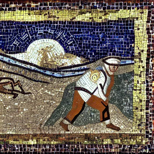 Prompt: the first landing on the moon, roman mosaic