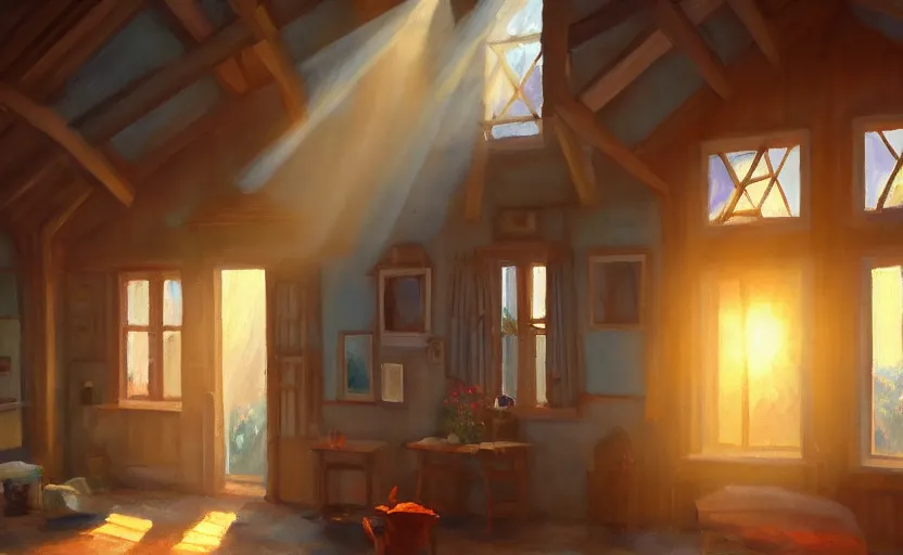 Image similar to rays of the morning sun shining through the window of the village house. very beautiful, clear sky, warm shiny colors, oil painting, high detail, trending on artstation