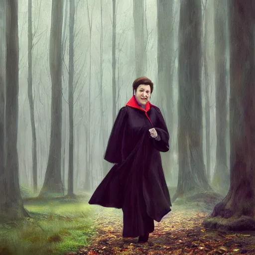 Prompt: close - up shot of supreme court justice elena kagan going for a walk in the woods, digital art by ruan jia and mandy jurgens and artgerm, highly detailed, trending on artstation, award winning