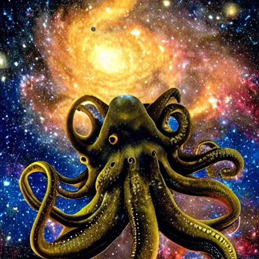 Image similar to a giant octopus god made of stars in floating among the galaxies of the milky way