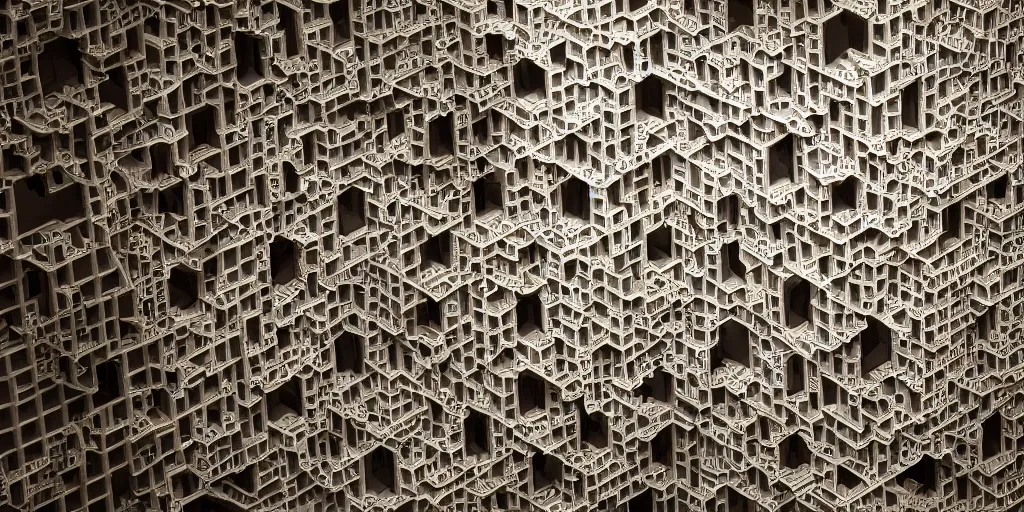 Image similar to endless menger sponge megastructure in the style of mc escher, realistic lighting, very intricate detailed photo, sharp focus, hd, 4 k