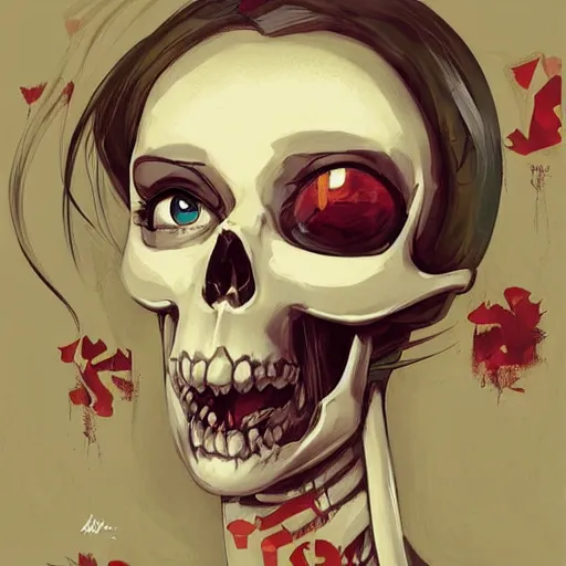 Image similar to anime manga skull portrait young woman skeleton, cuphead, painterly, logo, graffiti, elegant, highly detailed, digital art, art by jc leyendecker and sachin teng