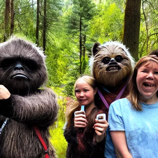 Image similar to Ewok family taking selfie at the gates of Mordor