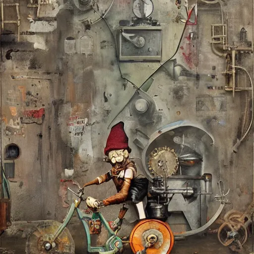 Prompt: Graffiti Spraypaint A gnome gnome riding a steampunk automaton clockwork golem golem jim lambie norman rockwell greg rutkowski alberto sughi elina brotherus robert rauschenberg tombow