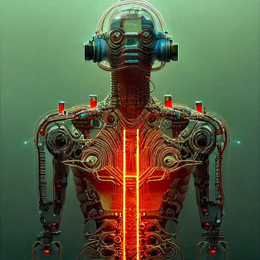 Prompt: intricate cyborg, glass torso, highly detailed digital painting by simon stalenhag, beksinski, rutkowski, moebius, kinkade. award winning, masterpiece, dramatic lighting, wires, fractal crystal