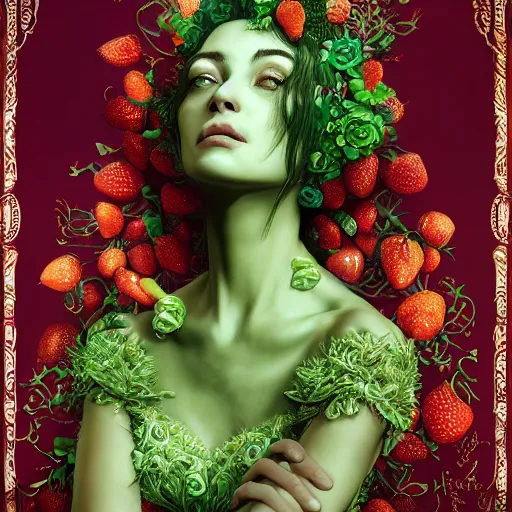 Image similar to the portrait of an absurdly beautiful, graceful, elegant, sophisticated, dignified woman made of strawberries and green petals looking up, an ultrafine hyperdetailed illustration by kim jung gi, irakli nadar, intricate linework, bright colors, octopath traveler, final fantasy, unreal engine 5 highly rendered, global illumination, radiant light, detailed and intricate environment