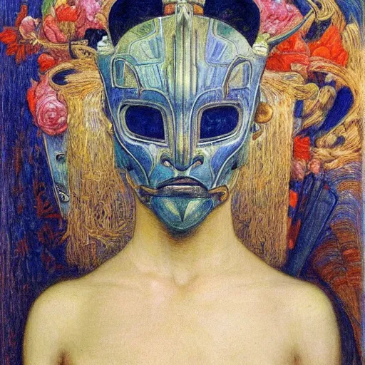 Image similar to masterpiece painting of the robot queen wearing a mask made of flowers, by annie swynnerton and diego rivera and jean delville, symbolist, dramatic lighting, god rays, elaborate geometric ornament, art brut, soft cool colors, smooth, sharp focus, extremely detailed, adolf wolfli