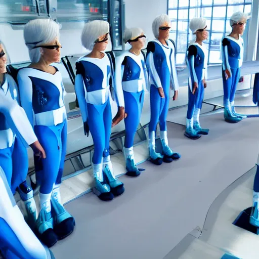 Image similar to troop in formation of athletic humans with light blue neoprene suits and white hair formation on a conveyor belt, futuristic laboratory, sci - fi, highly detailed, hyperrealistic