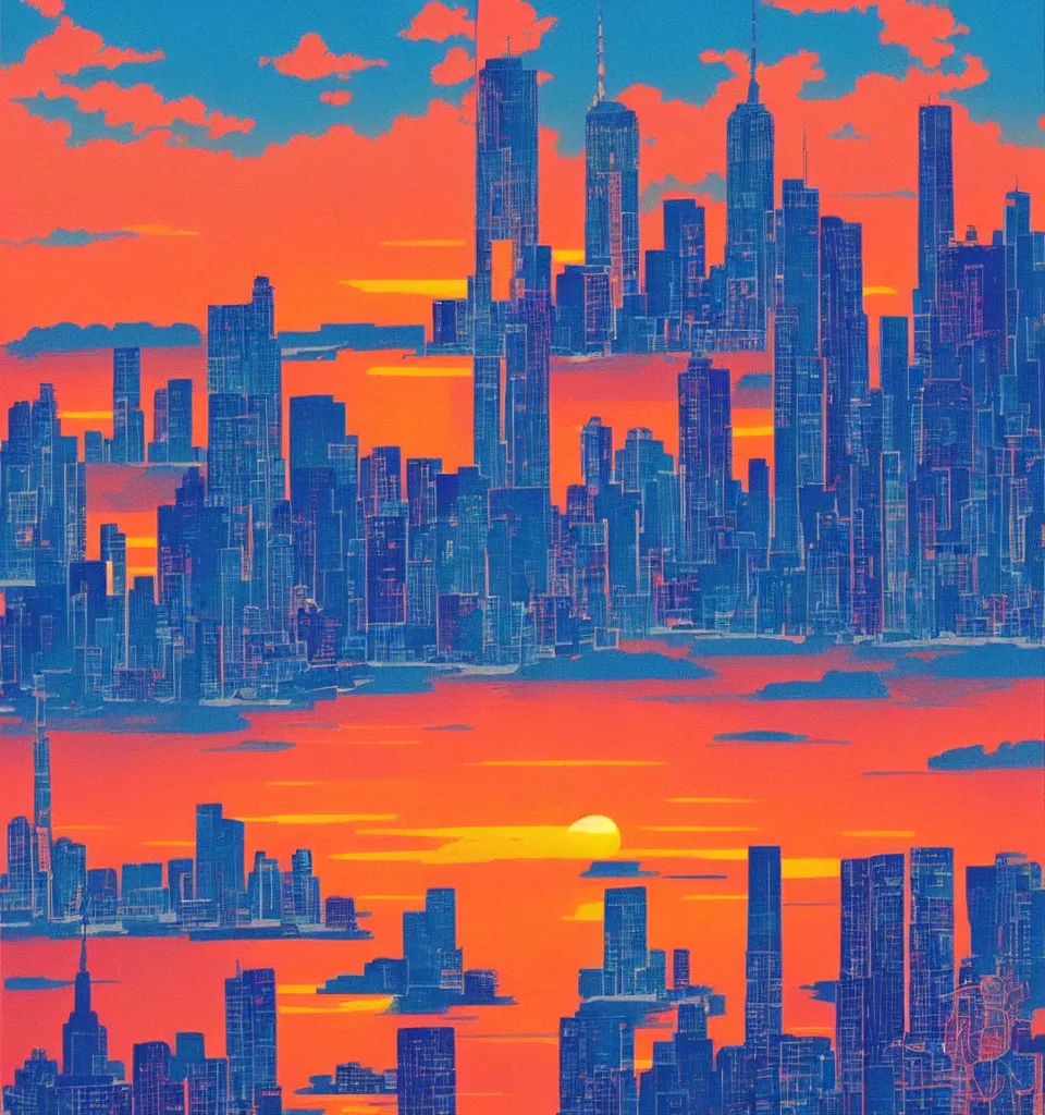 Prompt: gorgeous romantic sunset, cliffside onlooking the beautiful city of new york, vibrant colors, in the style of hiroshi nagai, very detailed, 8 0 s