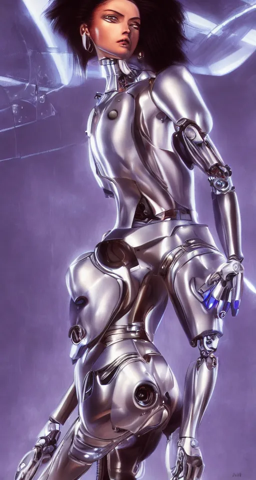 Image similar to beauty Alita woman, futuristic mechanical, dystopian, dramatic lighting, mechanical details, electrical details, high details, 4k, 8k, trending on artstation, by Hajime Sorayama and Boris Vallejo