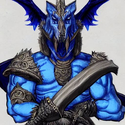 Image similar to fantasy concept art; portrait of a blue dragonborn wielding an axe; barbarian clothing; detailed sketch