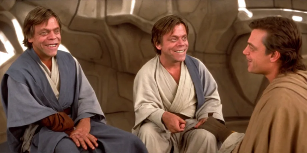 Prompt: A full color still of clean shaven smiling Mark Hamill as Jedi Master Luke Skywalker talking with a a young African American padawan, there are large windows showing a sci-fi city outside, at dusk, at golden hour, from The Phantom Menace, directed by Steven Spielberg, 1999