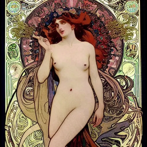 Image similar to persephone as goddess of the underworld, painted by alphonse mucha