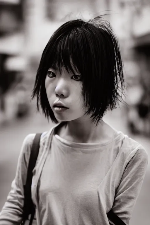 Image similar to a beautiful gorgeous Japanese edgy model girl with short hair, she's sad, sunset, street of Hong Kong, 80mm lens, 1.2 aperture, grainy image, close up, cinematic light, very detailed, depressing atmosphere, cover magazine