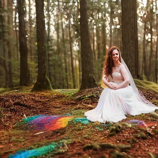 Image similar to a hyperrealistic photo of melynda moon, sitting in a colorful forest during the sunrise, wearing a long rainbow wedding gown