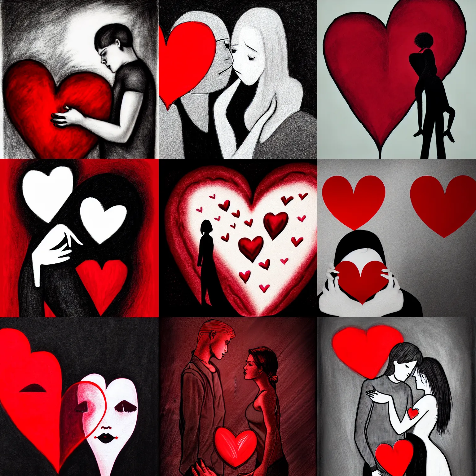 Prompt: couple (woman and man), several hearts, love, sadness, dark ambiance, concept by Godfrey Blow, featured on deviantart, drawing, sots art, lyco art, artwork, photoillustration, poster art, black and red