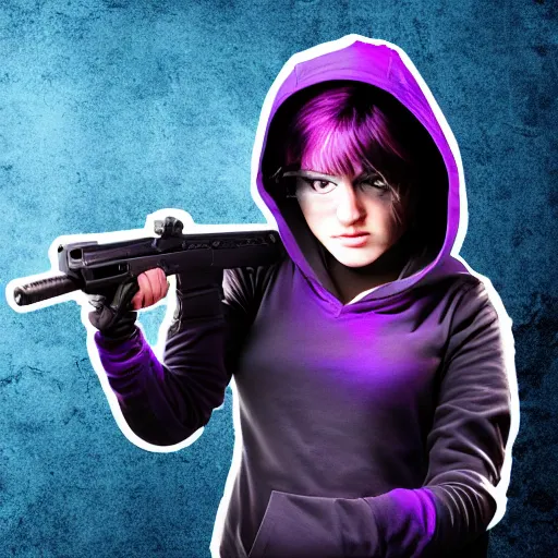 Image similar to poster artwork, sci fi, a female, full body, black hoodie techie, black hair with purple streaks, holding a gun, 8 k