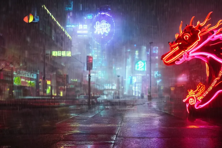 Image similar to cinematic wide angle shot of a neon cybernectic chinese dragon in the rain, midnight city lights, strong bokeh, dramatic lighting, unreal engine, cgsociety, artstation, 4k