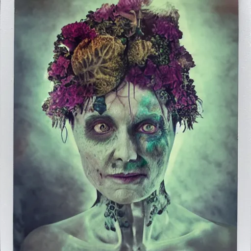 Image similar to a beautiful detailed front view portrait of a rotten woman corpse with fractal plants and fractal flowers growing around, volumetric light, beautiful lit, polaroid photography