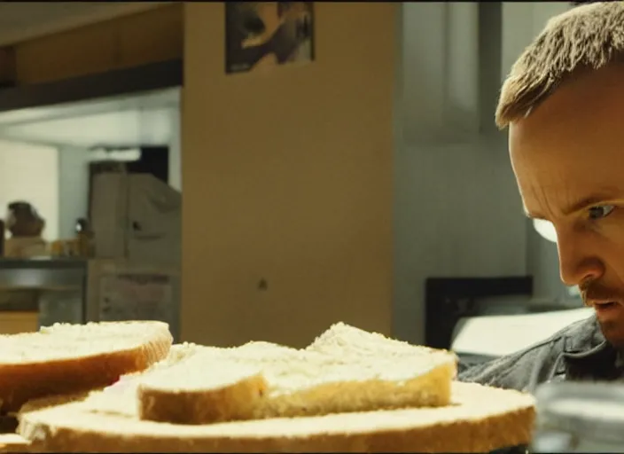Prompt: photo of jesse pinkman from breaking bad eating a slice of bread, movie frame, cinematic composition, ultra detailed, sharp, breaking bad