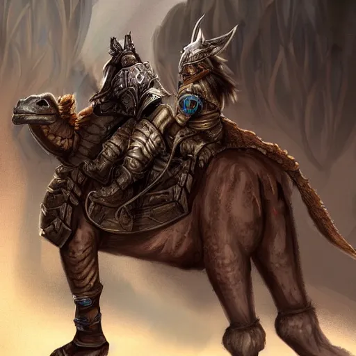 Prompt: Gnoll, metal armor, lance, riding a camel, D&D, fantasy, digital art