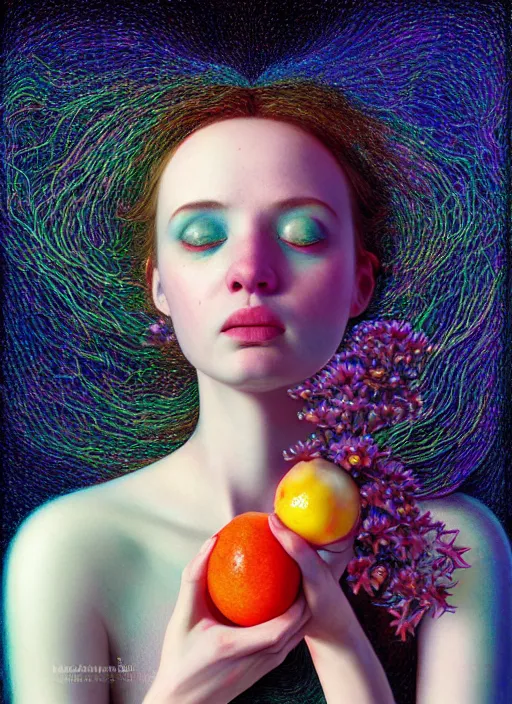 Prompt: hyper detailed 3d render like a Oil painting - Aurora (Singer) Eats of the Strangling Fruit and Her delicate Hands hold of gossamer polyp blossoms bring iridescent fungal flowers whose spores black the foolish stars by Jacek Yerka, Mariusz Lewandowski, Houdini algorithmic generative render, Abstract brush strokes, Masterpiece, Edward Hopper and James Gilleard, Zdzislaw Beksinski, Mark Ryden, Wolfgang Lettl, hints of Yayoi Kasuma, octane render, unreal engine 5 render, 8k