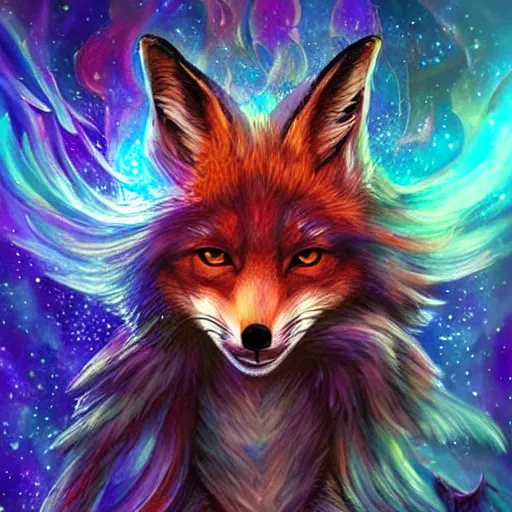 Image similar to a painted avatar portrait of an awesome cosmic powerful anthropomorphic kitsune fox mage themed around death and the stars and the cosmos, in the style of dnd beyond avatar portraits, beautiful, artistic, elegant, lens flare, magical, lens flare, nature, realism, stylized, art by jeff easley