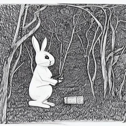 Prompt: precisely drawn, fine detailed, intense line work, drawing of a white bunny smoking a big cigarette in the deep tangled forest, by edward gorey, 3 d isotmetric, black ink on white paper