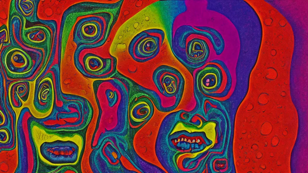 Prompt: a psychedelic LSD weeping man screams in agony, closeup on face, extreme facial symmetry raindrops of rainbow paint |, afterlife, souls in joy and agony | abstract oil painting, gouche on paper by MC Escher and Salvador Dali |