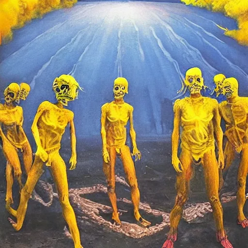 Image similar to armageddon they will be dead and we go to paradise, funny and frightened ukrainian burned to bones in dirty yellow and blue rags on the background of a huge nuclear explosion hyperrealism, selfie