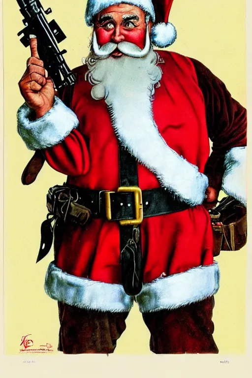 Image similar to concept of a jolly Santa Claus holding a M61 Vulcan machine gun and wearing an army harness vest full of pouches, full body concept in the style of Norman Rockwell and Simon Bisley