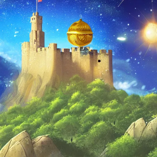 Image similar to stone castle with golden bell ontop of a mountain, space sky, anime illustration,