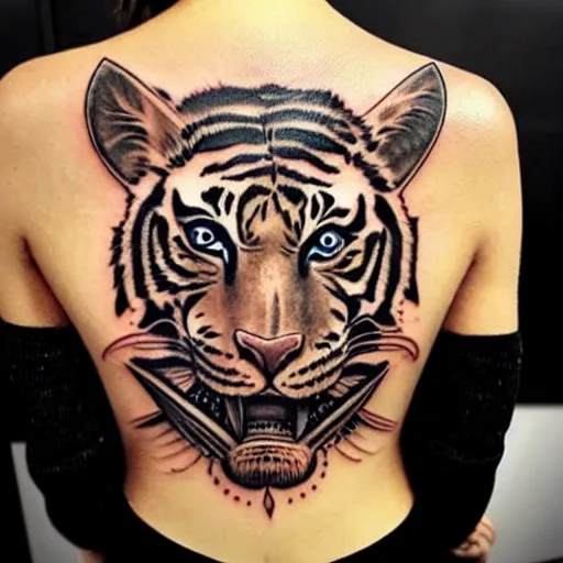 Image similar to a realistic tattoo design that has a beautiful warrior woman on the bottom and a tiger head on the top, highly detailed