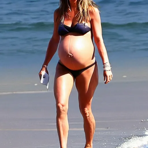 Image similar to Pregnant Jennifer Aniston walking on the beach, paparazzi photograph