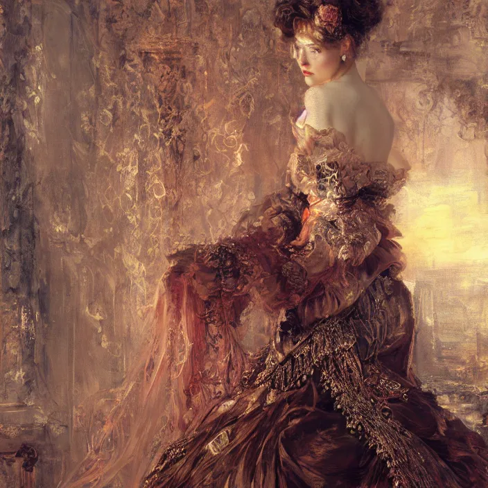 Image similar to longing look of a woman at sunrise, portrait, highly detailed, backlit, bourgeoise, extremely opulent, ornate art, pompous, ornamental, richly detailed, digital art by wlop, adolph menzel, carvaggio