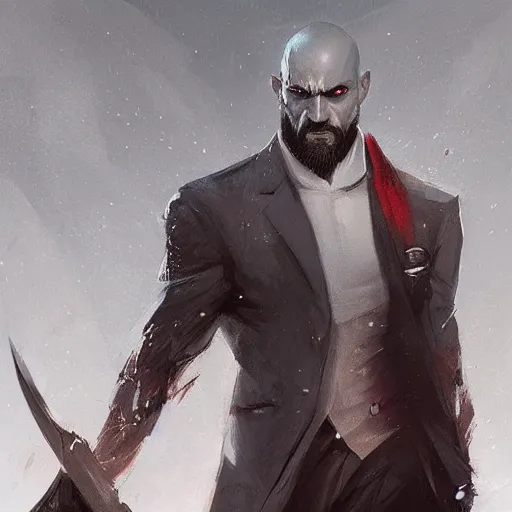 Prompt: kratos in a suit by greg rutkowski