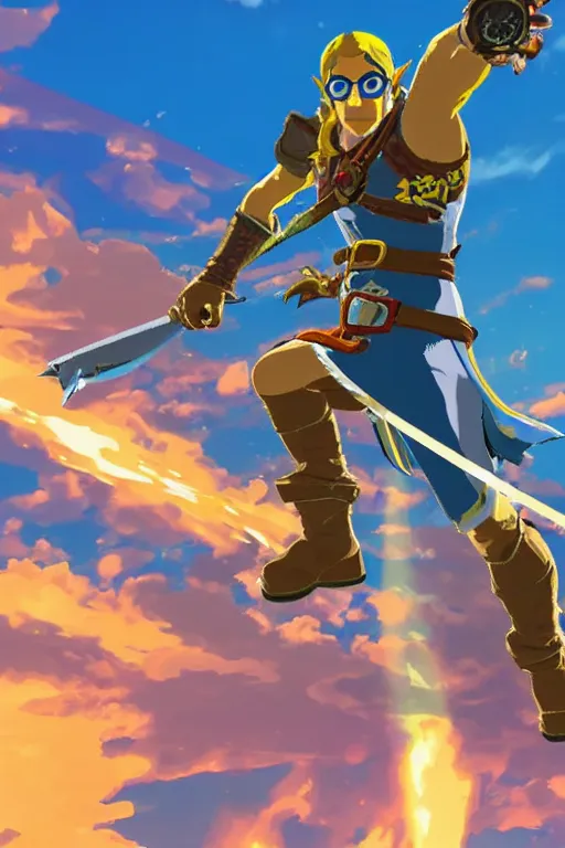 Prompt: in game footage of the character captain falcon in the legend of zelda breath of the wild, breath of the wild art style.