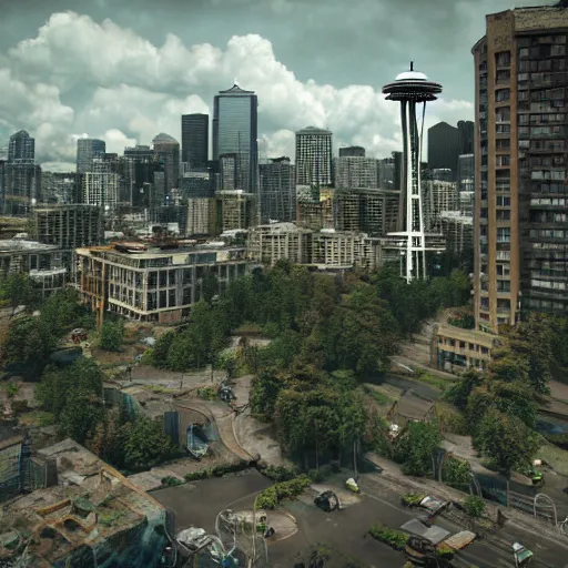 Image similar to a world fallen by disease, seattle completely wasted away, nature taken over and grow over buildings, high quality photorealism, cinematic, epic, Deviantart, Octane render