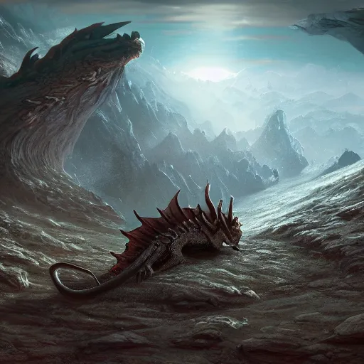 Image similar to dragon on an ancient planet surface, concept art, digital art, 16k resolution. cinematic portrayal, hyper-detail, fine art, super clean and sharp, 35mm wide angle shot.