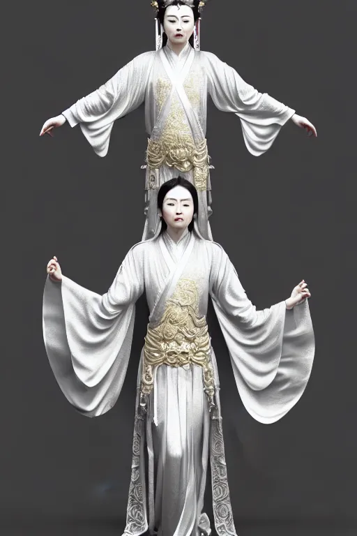 Image similar to full body portrait of guanyin in intricate milky reflective silk hanfu, symmetrical design, craig mullins, hr giger, sadan vague, artstation, baroque, highly detailed, 4 k post - processing, 8 k resolution